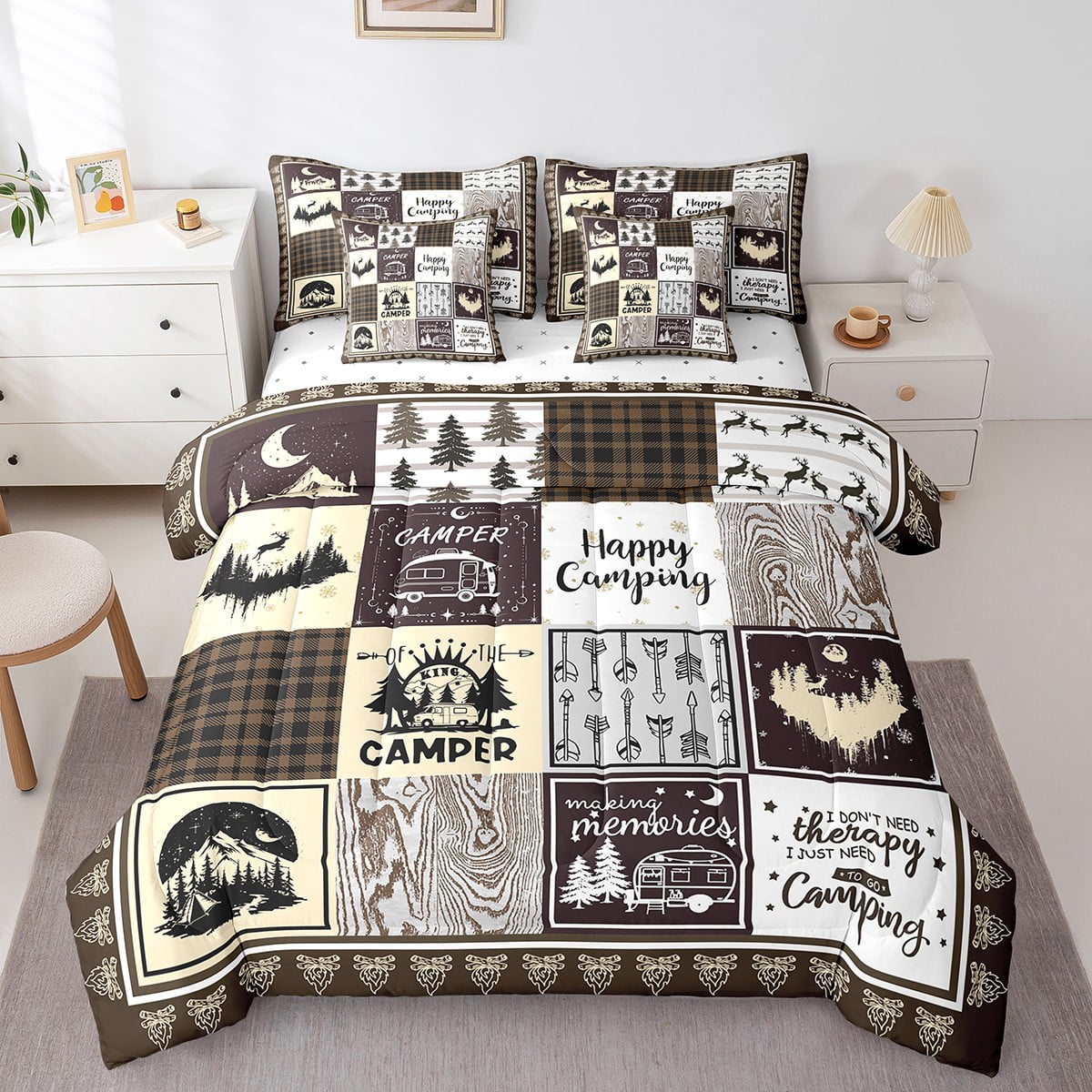 YST 7 Piece Happy Camping King Bed in a Bag,Kids Rv Camper Comforter