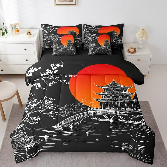 YST 7 Piece Japanese Style Bedding Set Bed In A Bag, Cherry Blossom Comforter Set Twin Size For Kids Teens Adult Bedroom, Vintage Flower Floral Sheet Set Ukiyo-E Bedding Comforter Sets,Black
