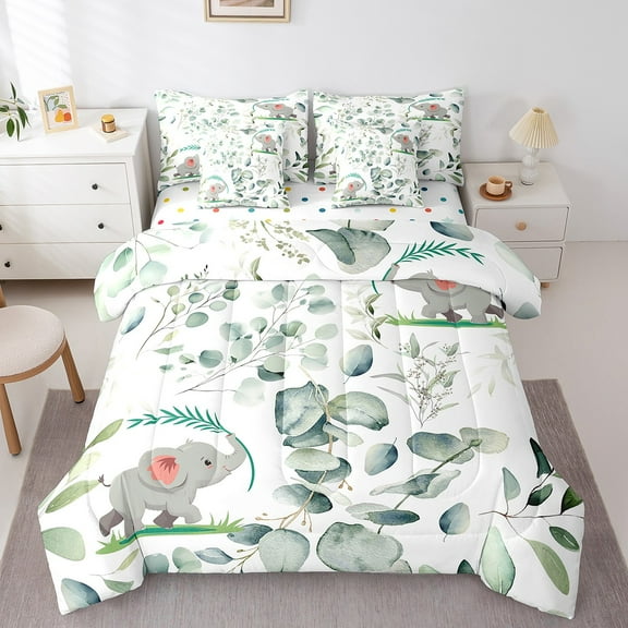 Erosebridal 7-Piece Kawaii Elephant Bedding Twin Cartoon Animal Comforter Set, Eucalyptus Leaves Bedding Comforter Sets Jungle Wildlife Bed in a Bag, Botanical Bedding Accessories