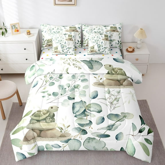 Erosebridal 7-Piece Kawaii Turtle Bedding Twin Cartoon Animal Comforter Set, Eucalyptus Leaves Bedding Comforter Sets Marine Wildlife Bed in a Bag, Botanical Bedding Accessories