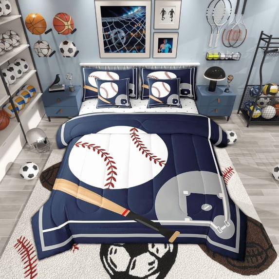 7 Piece King Baseball Bedding Sets ,Sports Comforter Set Ball Games Room Decor,Navy Blue White Baseball Bed in a Bag with Fitted Sheet,Flat Sheet,Pillowcases & Shams