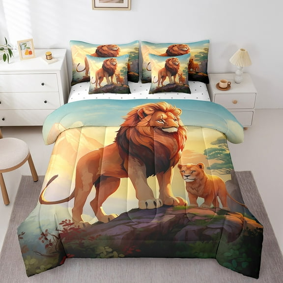 7 Piece Lion Comforter Set Twin with Sheets,Wild Safari Animals Bed in a Bag Jungle Decor for Home,Wildlife Animal Print Bedding Set with Fitted Sheet,Flat Sheet,Pillowcases & Shams