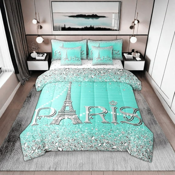 7 Piece Paris Comforter Set Women,Eiffel Tower Bed in A Bag King,Blue Sparkles Sequins Bedding Sets,(Not Real)Diamond Reversible Bed Sets with Sheet Set