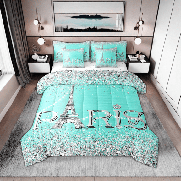 Erosebridal 7 Piece Paris Comforter Set Women,Eiffel Tower Bed in A Bag Twin,Blue Sparkles Sequins Bedding Sets,(Not Real)Diamond Reversible Bed Sets with Sheet Set