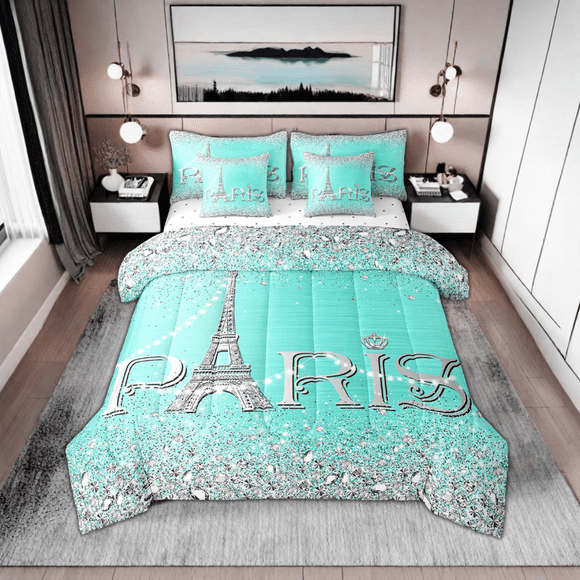 Erosebridal 7 Piece Paris Comforter Set Women,Eiffel Tower Bed in A Bag Twin,Blue Sparkles Sequins Bedding Sets,(Not Real)Diamond Reversible Bed Sets with Sheet Set