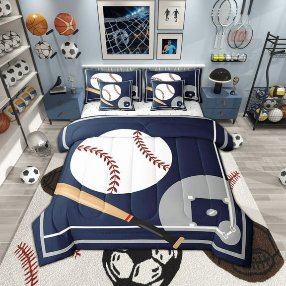 7 Piece Queen Baseball Bedding Sets ,Sports Comforter Set Ball Games Room Decor,Navy Blue White Baseball Bed in a Bag with Fitted Sheet,Flat Sheet,Pillowcases & Shams
