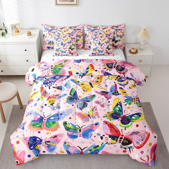 Erosebridal 7 Piece Rainbow Butterfly Bed In A Bag Queen Size Watercolor Butterflies Bedding Set with Fitted Sheet and Flat Sheet Women Trippy Tie Dye Graffiti Comforter Set