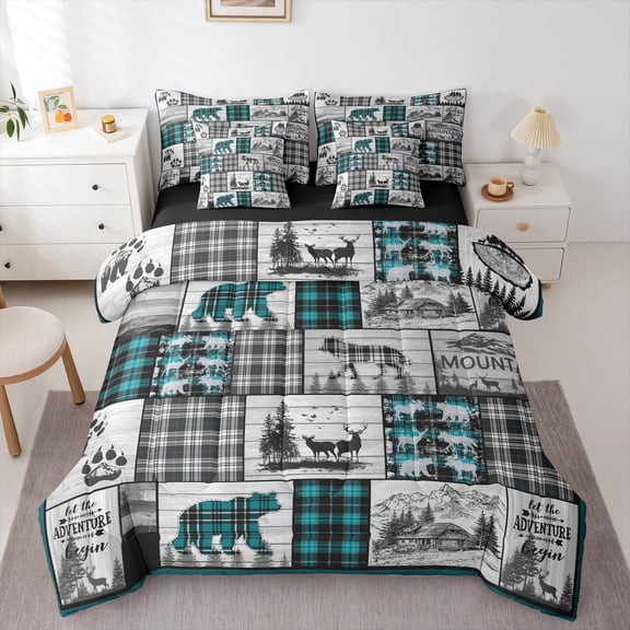 7 Piece Rustic Farmhouse Bedding Sets Hunting Wolf Bear Deer Bed In A Bag Queen,Black Teal Grey Plaid Cabin Comforter Set With Sheets Woodland Wildlife Sheet Set With Comforter