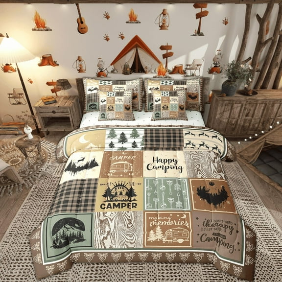 Erosebridal 7 Piece Rv Camper Twin Bedding Set Adult,Woodland Camping Comforter Set Rustic Cabin Decor,Buffalo Plaid Bed in a Bag with Sheets,Travel Trailer Bed Set with Pillowcases