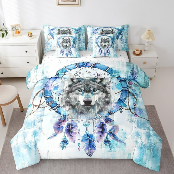 7-Piece Safari Wolf Bedding Queen Size Animal Comforter Set,Bohemian Dreamcatcher Bedding Comforter Sets Blue Ombre Bed in a Bag,Tribal Feather Bedding