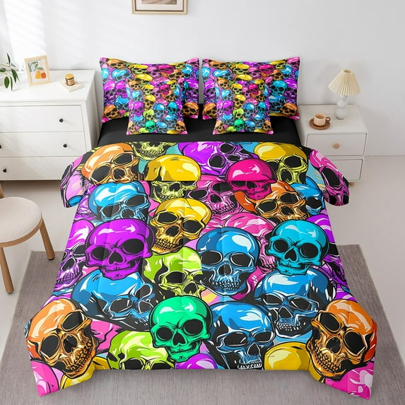 7 Piece Sugar Skull Comforter Set Twin Size,Colorful Skull Bed In A Bag Adults,Gothic Skeleton Bedding Set Halloween Theme Bed Sheets With Comforter
