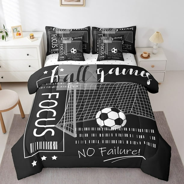 YST 7 Piece Twin Size Football Bedding Set for Boys Girls Kids Black and White Sports Comforter Sets for Boys Room Decor Soccer Bed in a Bag with Fitted Sheet Flat Sheet Pillowcases Shams