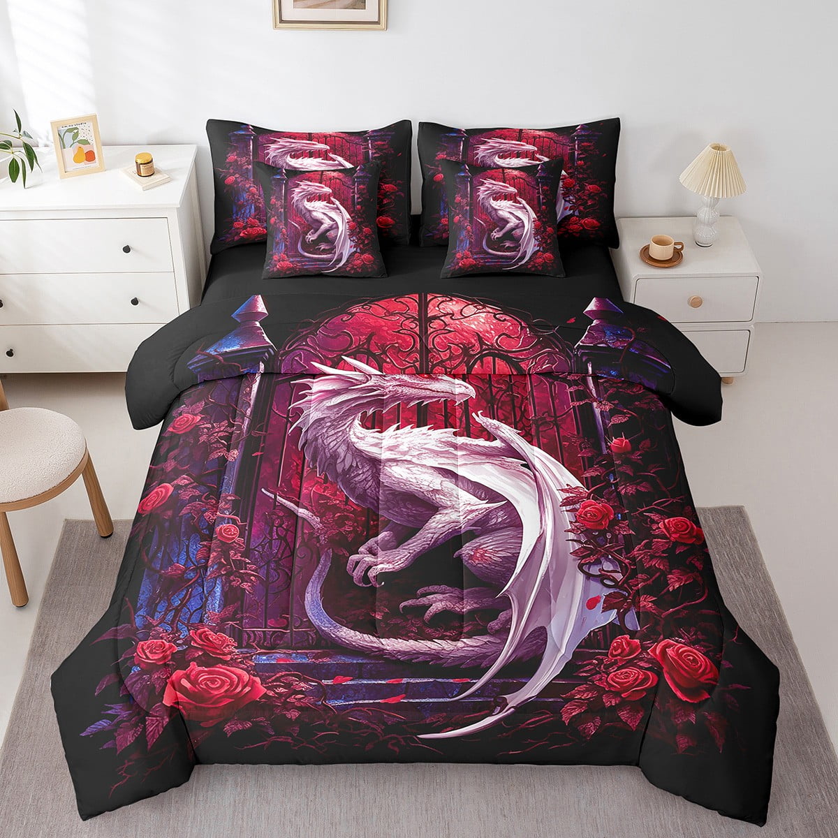 YST 7 Piece Western Dragon Queen Bedding Set For Girls Boys Gothic