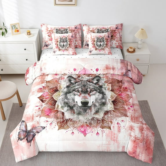 7-Piece Wolf Bedding Queen Size Teens Adults Safari Animal Print Comforter Set,Hippie Mandala Bedding Comforter Sets Red Gradient Bed in a Bag,Boho Flower Floral Bedding