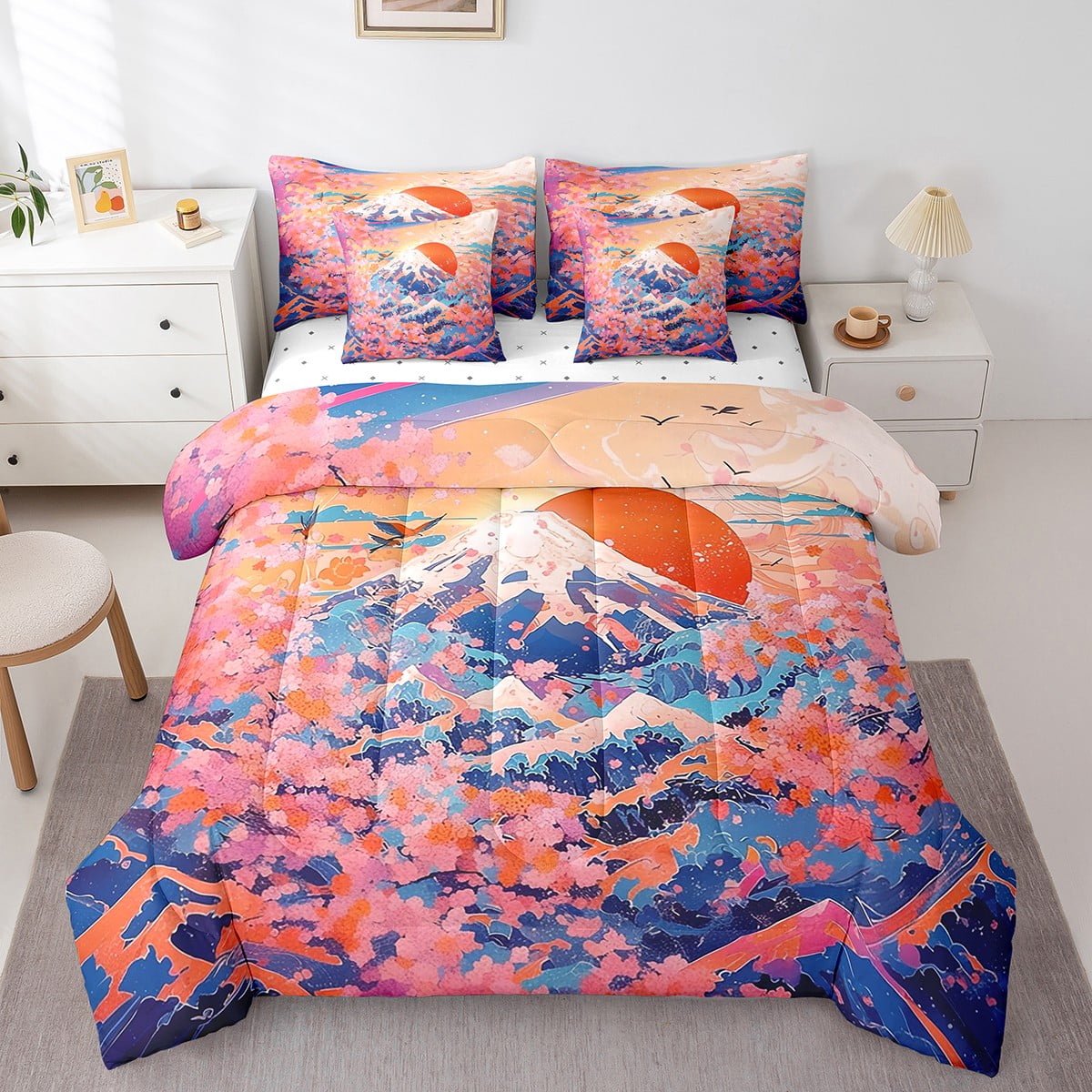YST 7 Pieces Japanese Cherry Blossoms Bed Sets Twin Mount Fuji