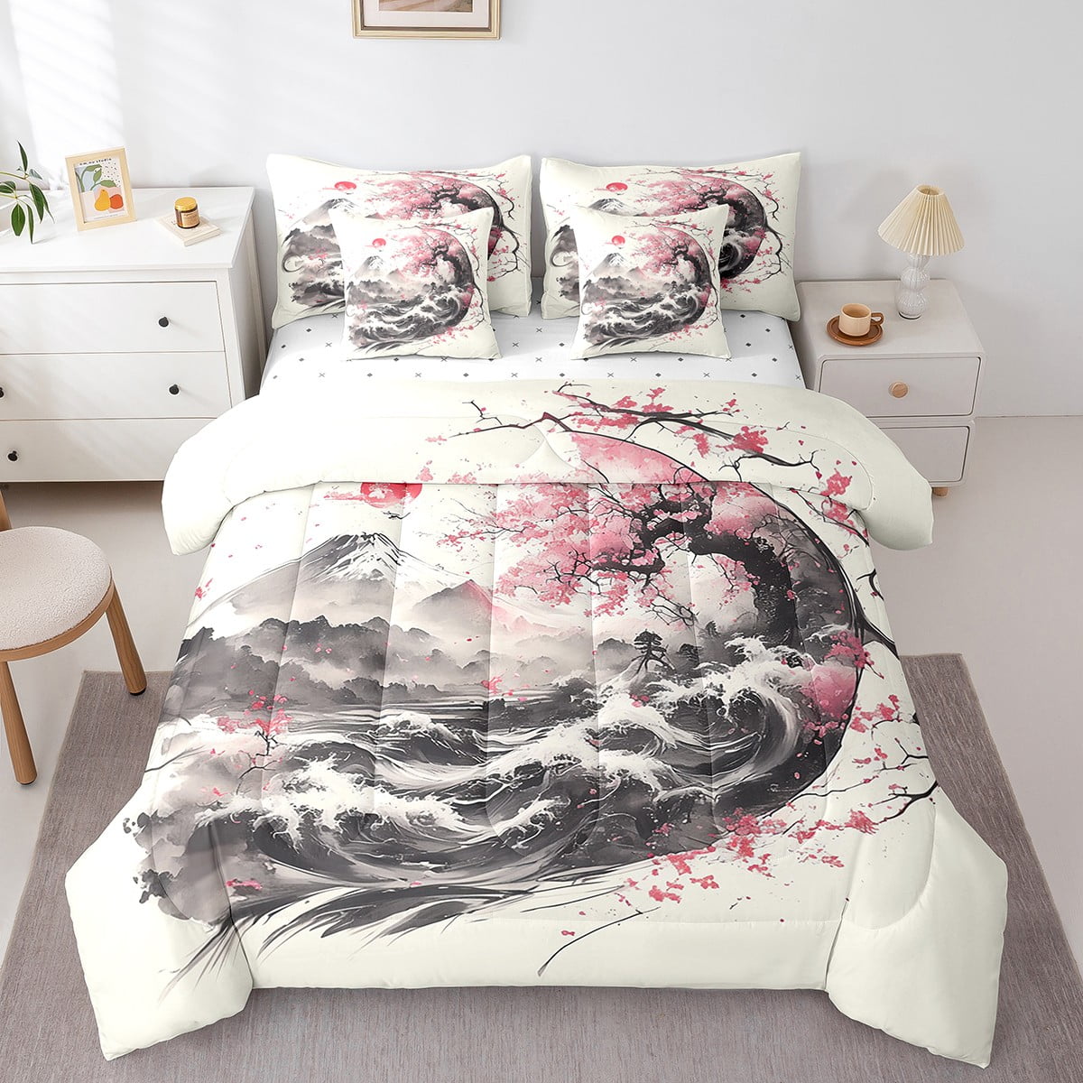YST 7 Pieces Japanese Sakura Bed Sets King Cherry Blossoms Floral
