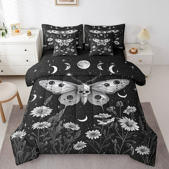 7 Pieces Queen Gothic Moth Bedding Sets Teens,Bohemian Trippy Sun Moon Comforter Set, Halloween Sugar Skull Sheet Set, Exotic Floral Bed Sets Flower Bedding Comforter Sets