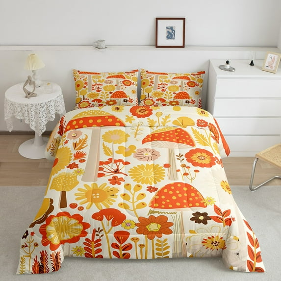 70S Groovy Flower Bedding Set Queen Size, 80S 90S Retro Floral Comforter Set, Bohemian Hippie Rainbow Quilt Mushrooms Aesthetic Duvet Sets Teens Women Bedroom Decor, Yellow