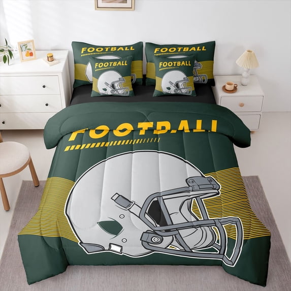 7Pcs American Football Comforter Set with Sheets Full Size Rugby Sports Game Comforter Sets Bed in a Bag with Pillowcases & Throw Pillow Covers, Green Bay