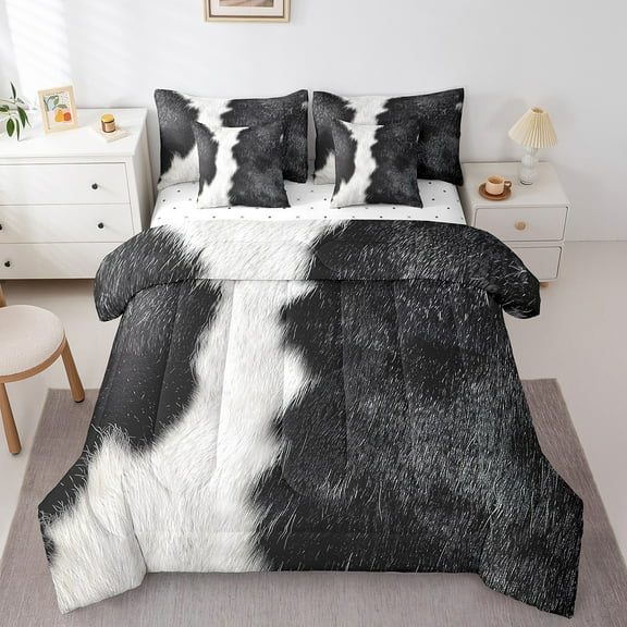 YST 7Pcs Black And White Cowhide Comforter Sets Queen Size, Cow Gifts Comforter Set Bed In A Bag(1 Comforter, 1 Flat Sheet 1 Fitted Sheet 2 Pillowcases And 2 Throw Pillow Covers)Faux Cowhide