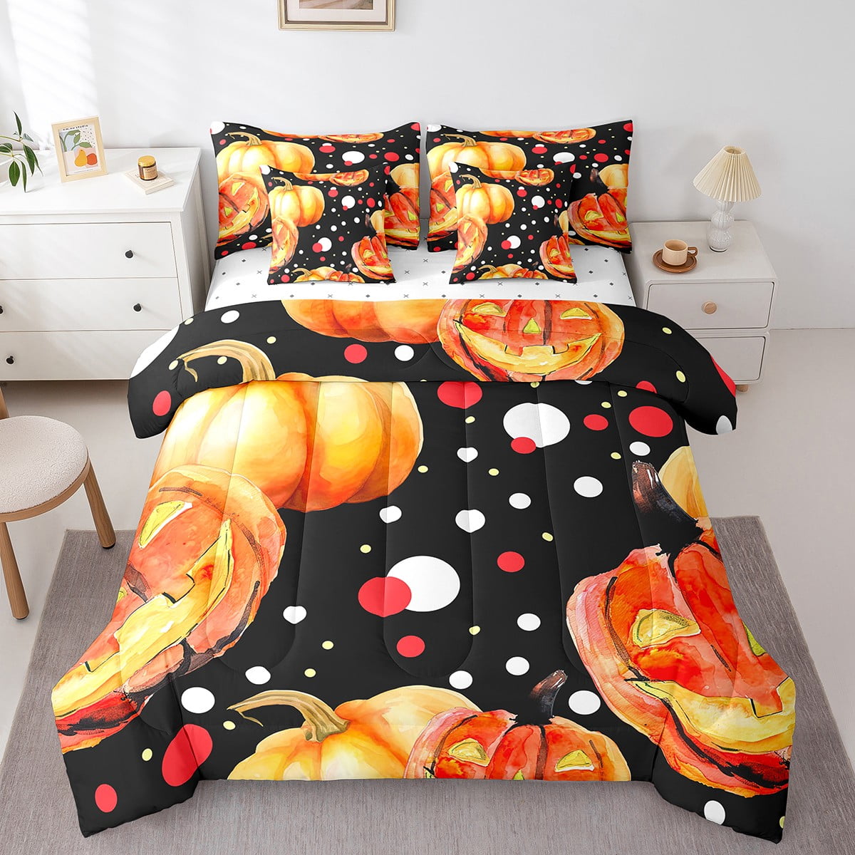 YST 7Pcs Cartoon Pumpkin Lantern Comforter Sets King Size,Halloween