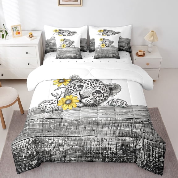 7Pcs Full Comforter Set with Sheets, Wild Leopard Bedding Flower Bed in a Bag Bedding - 1 Comforter, 1 Flat Sheet 1 Fitted Sheet 2 Pillowcases 2 Throw Pillow Covers