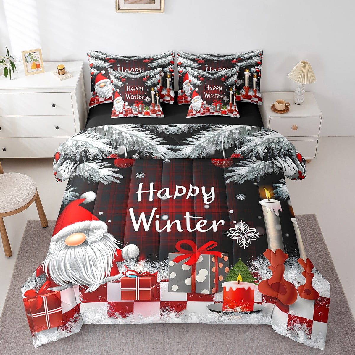 YST 7Pcs Happy Christmas Bedding Set For Girls Twin, Xmas Decor