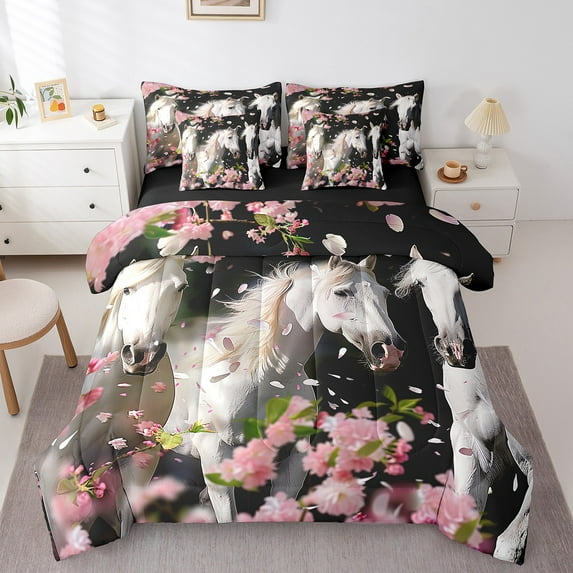 7Pcs Horse Bedding Set Full Size, Western Cowboy Comforter Set, Cherry Blossoms Petal Bedding Comforter Sets Teens, Farm Animal Sheet Set Rustic Farmhouse Bed Set