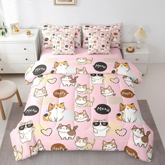 7Pcs Kawaii Cat Bedding Full Size Cute Kitten Animal Comforter Set, Dreamy Pink Bedding Comforter Sets Super Cozy 7 Pieces