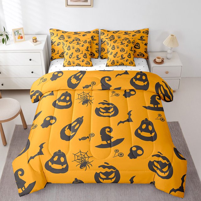 YST 7Pcs Kids Cartoon Pumpkin Comforter Sets King Size, Spooky Bat