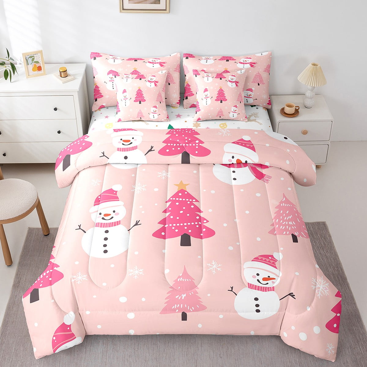 YST 7Pcs Pink Christmas Kids Bedding Set for Boys,Twin Size Comforter