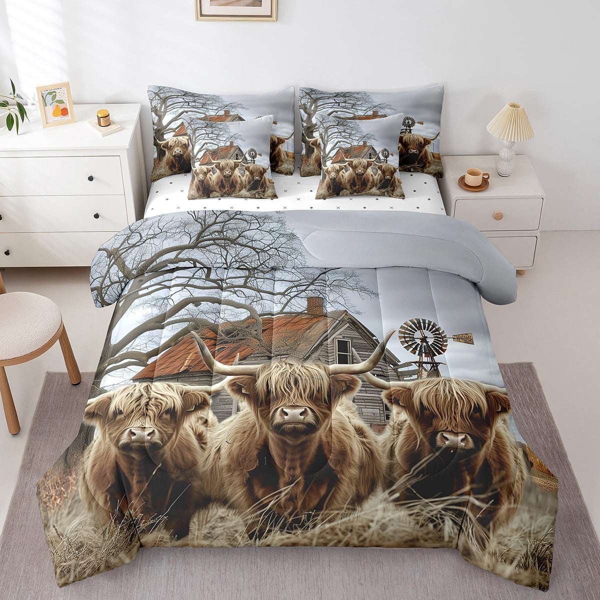 YST 7Pcs Queen Size Highland Cow Comforter Sets with Sheets Rustic Farmhouse Decor Comforter Set Bed in a Bag 1 Comforter 1 Flat Sheet 1 Fitted Sheet 2 Pillowcases and 2 Throw Pillow Covers Walmart ...