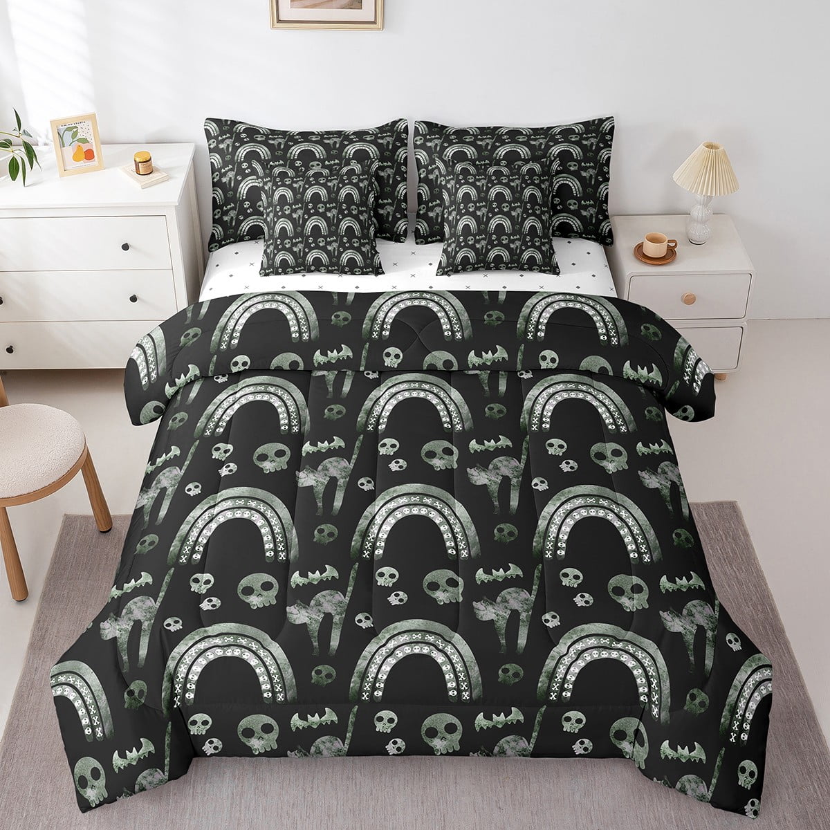 YST 7Pcs Rainbow Skull Comforter Sets King Size, Gothic Skeleton Head