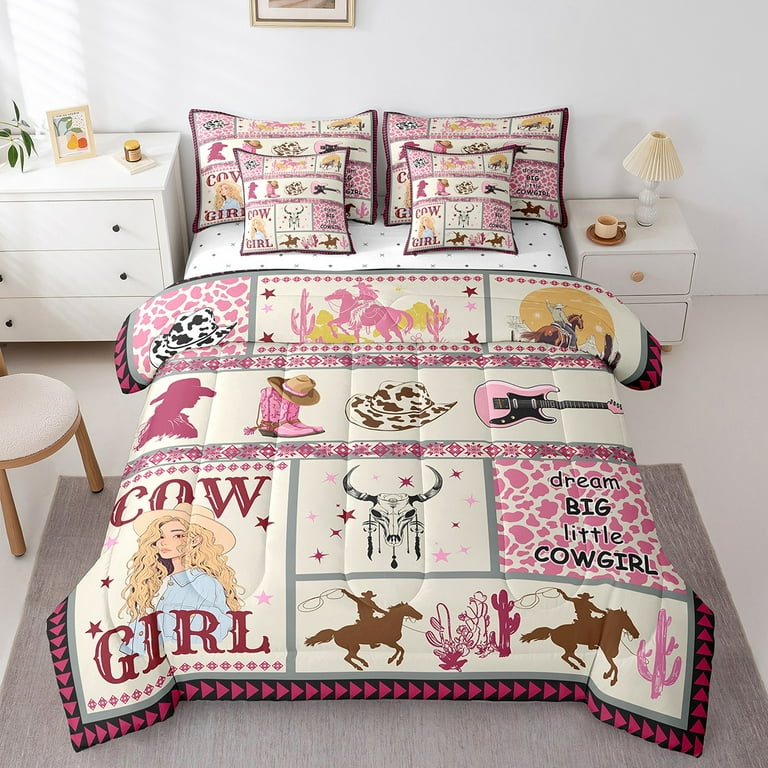 yst-7pcs-twin-size-western-bedding-pink-cow-print-comforter-sets-with-sheets-western-cowgirl-bedroom-comforter-with-throw-pillow-covers-cow-girl-hat-boots-pattern-bed-set-with-pillowcases-walmart-com