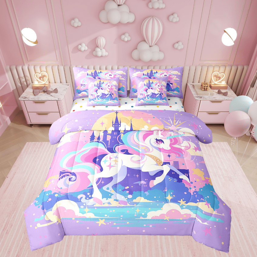 Erosebridal 7Pcs Unicorn Comforter Set Full Size, Purple Rainbow ...