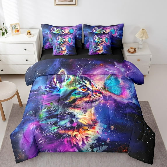 7pcs Cute Cat Bedding Twin Purple Galaxy Comforter Set, Blue Butterfly Bedding Comforter Sets Kawaii Kitten Bed in a Bag, Univers Glitter Stars Bedding Accessories