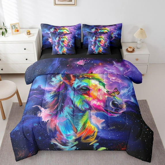 7pcs Cute Horse Bedding Twin Size Purple Galaxy Comforter Set, Chic Butterfly Bedding Comforter Sets Farm Animal Bed in a Bag, Univers Glitter Stars Bedding Accessories