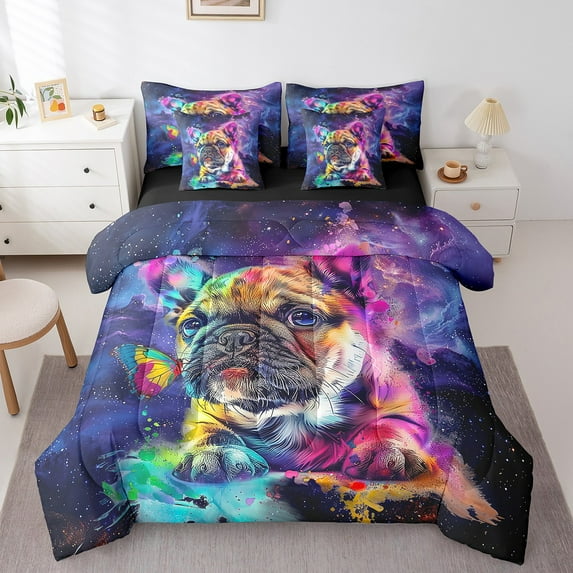 Erosebridal 7pcs Watercolor Pug Bedding Queen Size Dog Theme Comforter Set, Navy Blue Purple Bedding Comforter Sets Cute Animal Bed in a Bag, Glitter Stars Galaxy Bedding Accessories