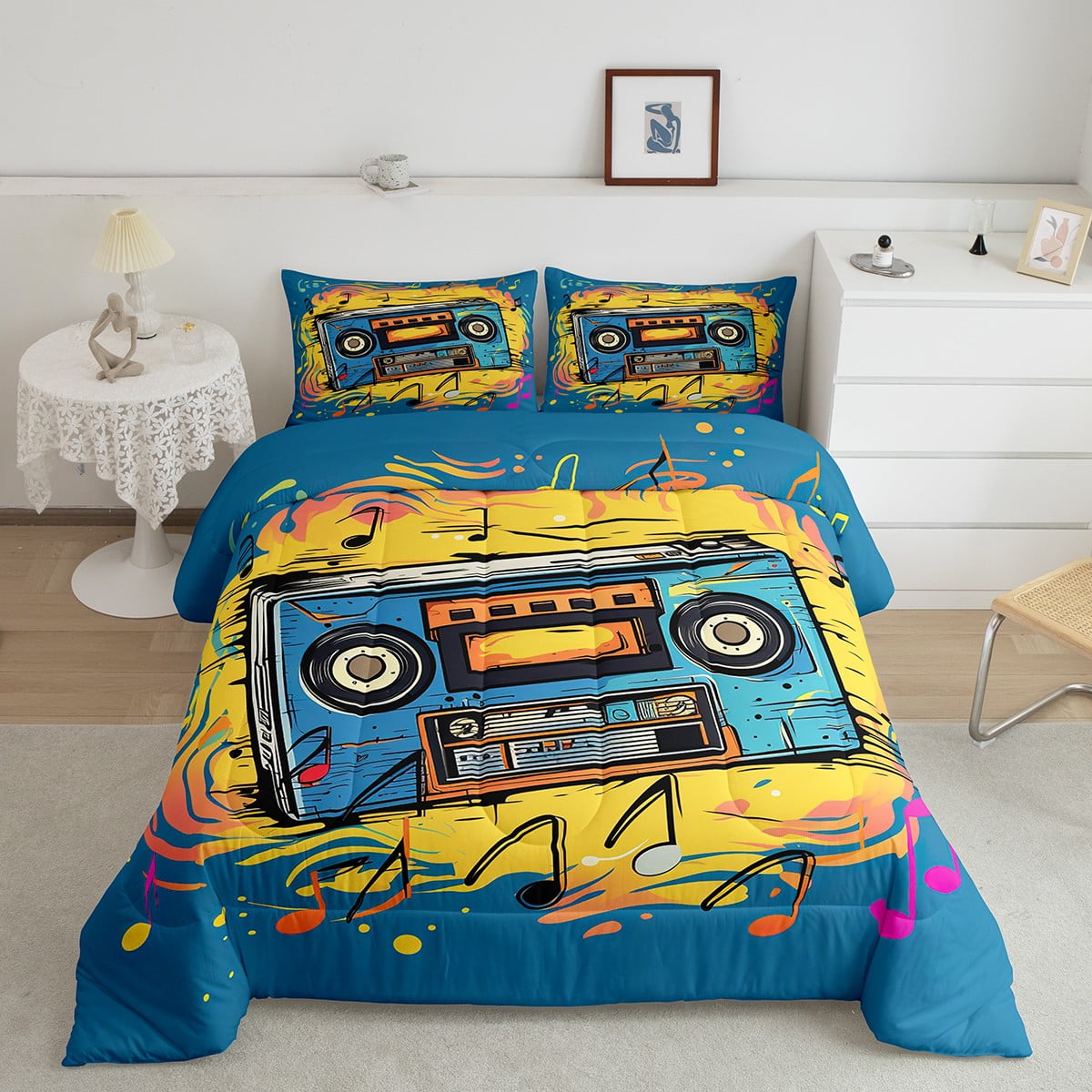 YST 80S 90S Radio Twin Comforter Set Hippie Music Notes Bedding