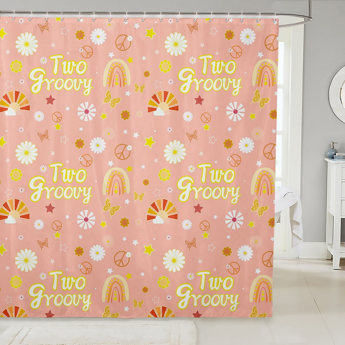 YST 90S Groovy Flower Bath Curtain, 60S 70S Hippie Flower Bathroom Shower Curtain Sets 72" W X ...