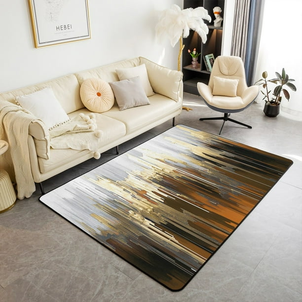 YST Abstract Art Rug Orange Gold Grey Area Rug, Geometry Stripe 
