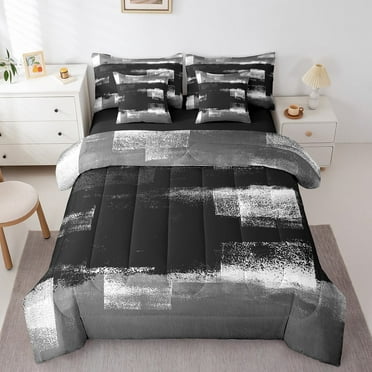 Abstract Comforter Set Twin 7 Piece Black White Dark Grey Ombre Bedding Set Teen Adults Men Grunge Oil Painting Bed In A Bag Watercolor Graffiti Bed Set Reversible Black