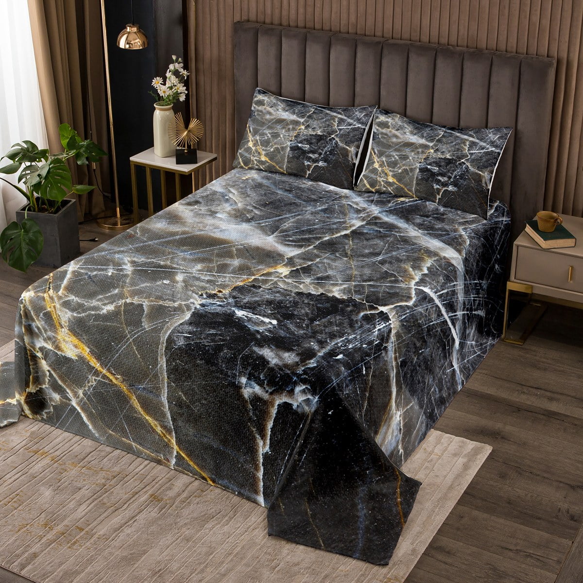 YST Abstract Dark Grey Bedspread King Size Black Marble Quilt Set, Gold Metallic Coverlet Set