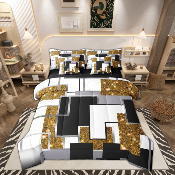 Abstract Geometric Comforter Set With Sheets 7 Piece King Yellow Black Grey White Square Bedding Set Glitter Stars Sequins Bed In A Bag Adults,Geometry Grids Bed Set