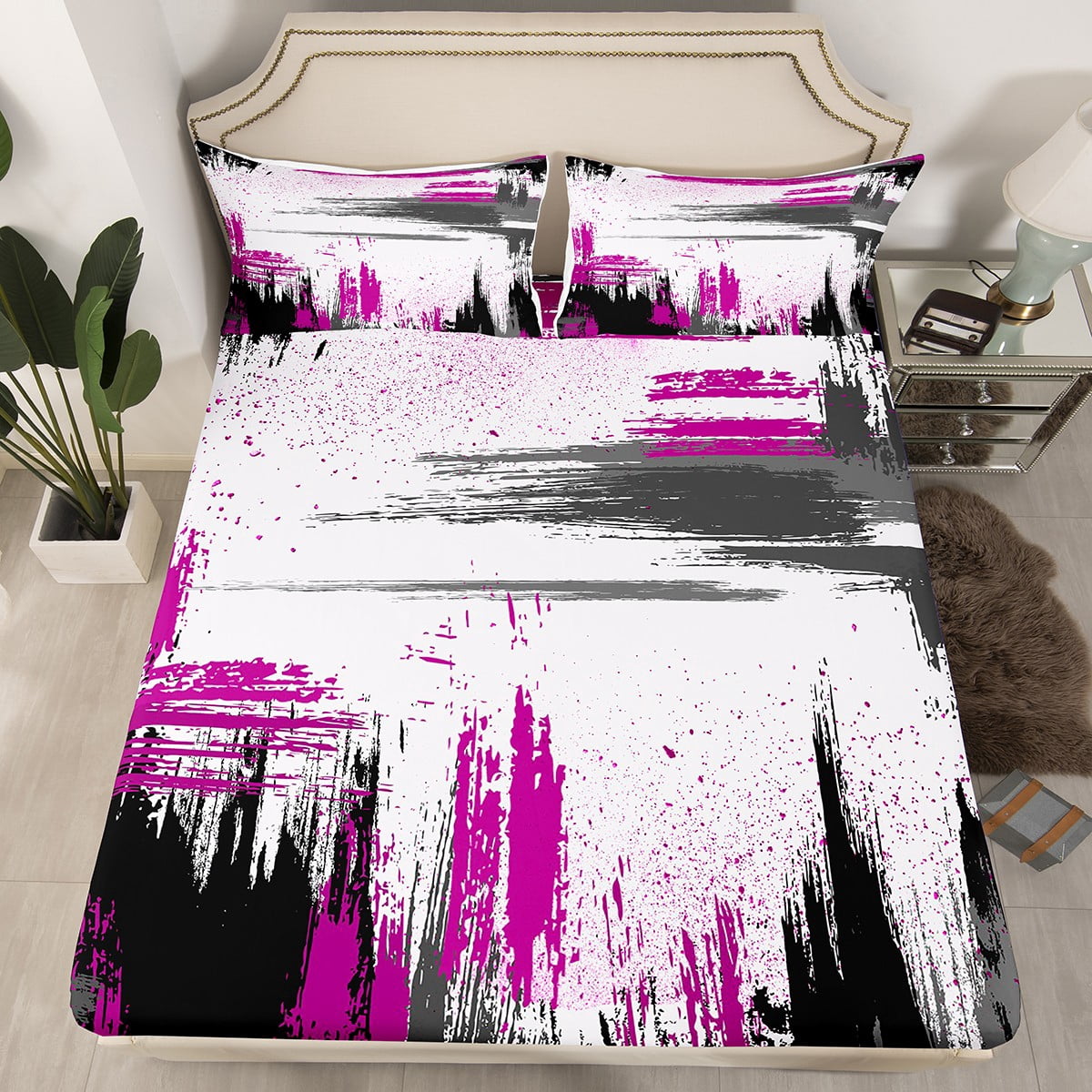 YST Abstract Oil Painting Fitted Sheet Queen,Purple Grey Black Bedding ...