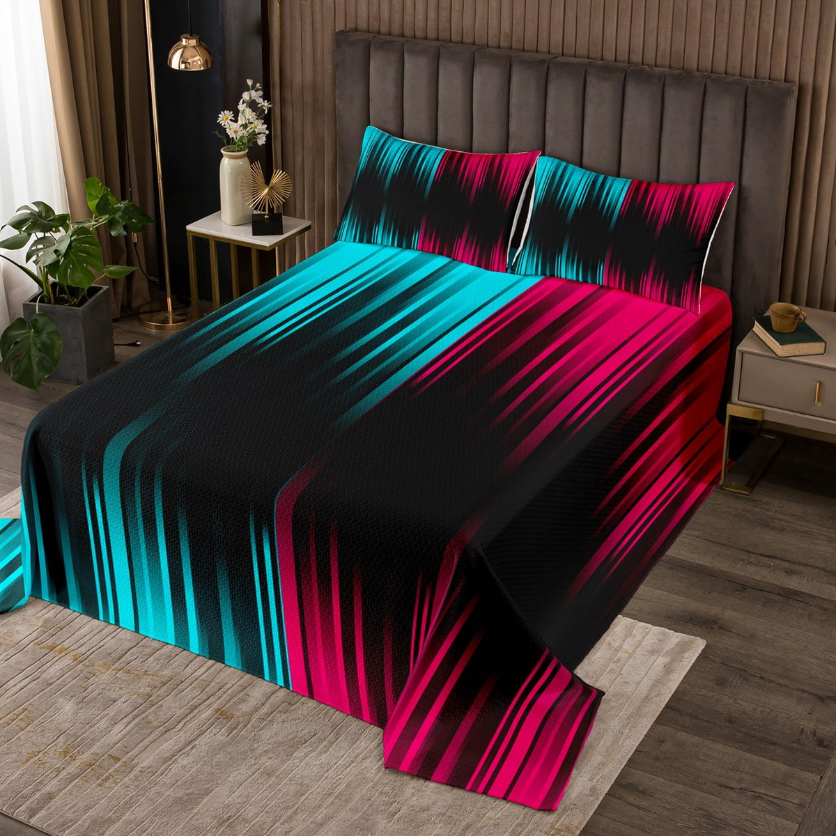 YST Abstract Ombre Bedspread King Teal Pink Black Quilt Set for Girls