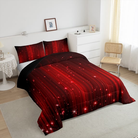 Erosebridal Abstract Ombre Comforter Set Full Red and Black Bedding Set for Teen Room Decor,Glitter Striped Comforter Lightweight 3Pcs