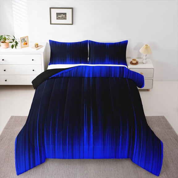 Abstract Ombre Queen Comforter Set Royal Blue and Black Bedding Set Adult,Gradient Geometry Striped Comforter Set Modern Room Decor,Geometric Stripes Bed Set 3Pcs