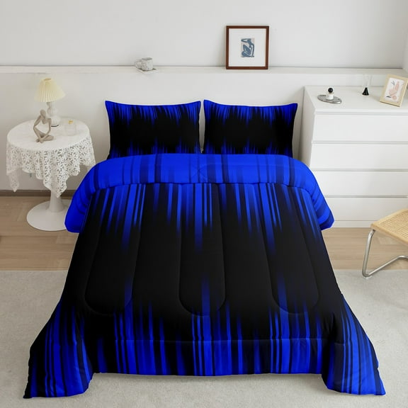 Abstract Ombre Queen Comforter Set Royal Blue and Black Bedding Set Adult,Gradient Geometry Striped Comforter Set Modern Room Decor,Geometric Stripes Bed Set 3Pcs