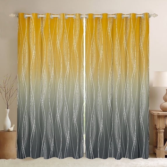 YST Abstract Ombre Window Curtains Dark Grey And Yellow Curtains & Drapes 52"Wx84"L Gradient Geometric Blackout Curtains Modern Silver Striped Wavy Line Window Treatments 2 Panels